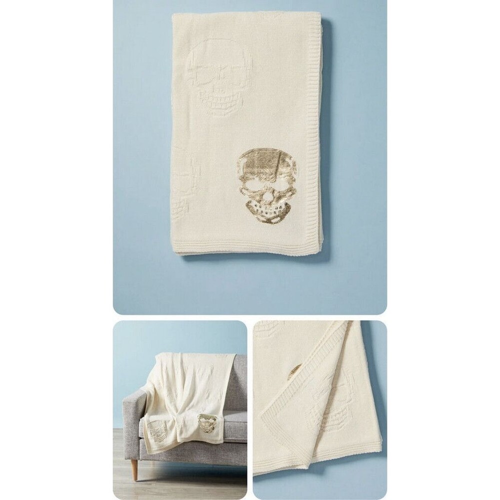 Magaschoni Home Halloween Embossed Skull Throw Blanket Ivory Gold Printed Cotton